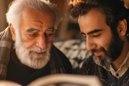 Imagem gerada por IA de dois homens lendo a Torah, a bíblia do judaísmo