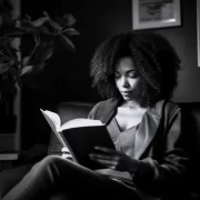 Foto em pb de uma mulher negra, sentada numa poltrona, lendo um livro. Vergonha por não ter lidos mais autoras negras antes.