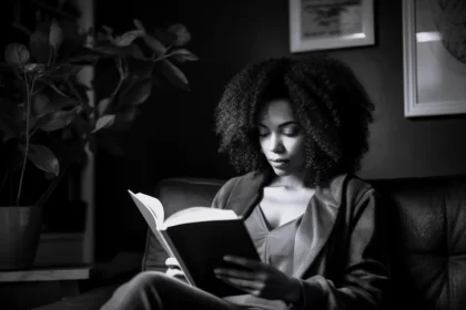 Foto em pb de uma mulher negra, sentada numa poltrona, lendo um livro. Vergonha por não ter lidos mais autoras negras antes.