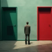 Imagem de um homem em frente a duas portas com cores diferentes. A polarização é um veneno para a sociedade