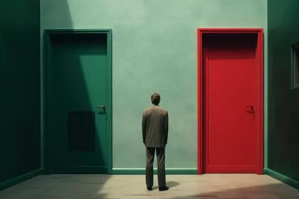 Imagem de um homem em frente a duas portas com cores diferentes. A polarização é um veneno para a sociedade