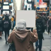 Foto de uma senhora carregando um cartaz de protesto, a esquerda precisa descobrir o que fazer