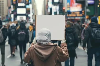 Foto de uma senhora carregando um cartaz de protesto, a esquerda precisa descobrir o que fazer