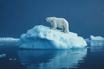 Imagem noturna, um urso sobre um pedaço de geleira. Efeitos dos sistemas não lineares.