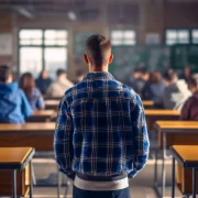 Foto de uma sala de aula de uma universidade, com os alunos de costa