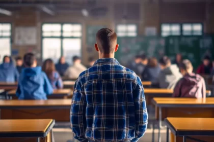 Foto de uma sala de aula de uma universidade, com os alunos de costa