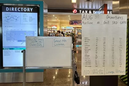 Foto de cartazes escritos à mão no aeroporto de Seatle, sem poder se conectar