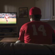 Foto de um homem de costas, sentado no sofá em frente a uma TV, onde passa um jogo. Aposta nas BETs