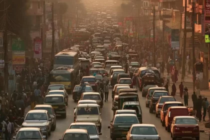 Foto mostra um congestionamento numa avenida, excesso de consumo de petróleo continua