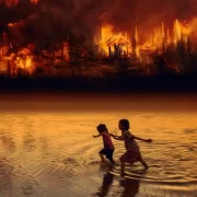 Foto de criançasa correndo num rio e atrás um grande incência. A autora fala da entrevista do escritor Michel Houellebecq