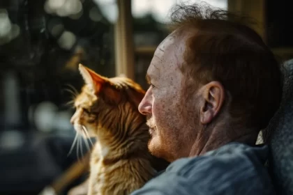 Foto de um homem sentado, em frente a janela com sol, e um gato no colo