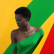 Imagem gerada por IA, mulher negra, ao fundo as cores da bandeira farroupilha