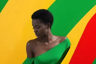 Imagem gerada por IA, mulher negra, ao fundo as cores da bandeira farroupilha