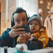 Foto de um pai com filho no colo, ele tem fones de ouvo e um telefone na mão, uso de celulares por crianças preocupa