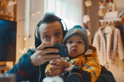 Foto de um pai com filho no colo, ele tem fones de ouvo e um telefone na mão, uso de celulares por crianças preocupa