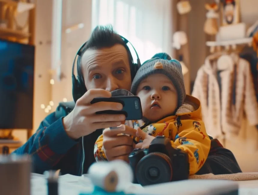 Foto de um pai com filho no colo, ele tem fones de ouvo e um telefone na mão, uso de celulares por crianças preocupa