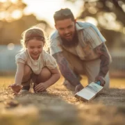 Foto de uma pai e uma filha agachados, brincando. É a paternidade socioafetiva