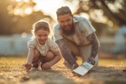 Foto de uma pai e uma filha agachados, brincando. É a paternidade socioafetiva