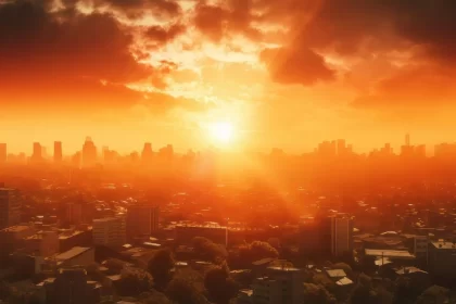 Foto da cidade de Porto Alegre com céu laranja, parece cena de blade runner