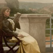 Foto de uma pintura de mulher lendo um livro sentada numa cadeira numa varanda. É a história