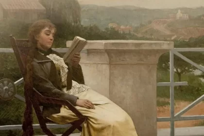 Foto de uma pintura de mulher lendo um livro sentada numa cadeira numa varanda. É a história