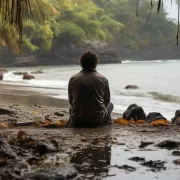 Foto de um homem sentado na areia numa praia. Autor sugere a leitura de textos antigos, como o Tanya