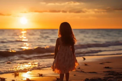 Foto de uma menina pequena na beira da praia e dirige o olhar para o mar num fim de tarde