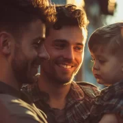 Dois homens e um bebê se abaraçando. Autor fala das dificuldade de adoção por casais homoafetivos