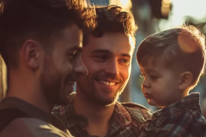 Dois homens e um bebê se abaraçando. Autor fala das dificuldade de adoção por casais homoafetivos