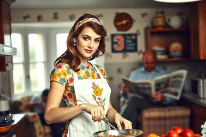 Imagem criada por IA mostra uma mulher com avental na cozinha e um homem ao fundo lendo jornal, é uma esposa tradicional