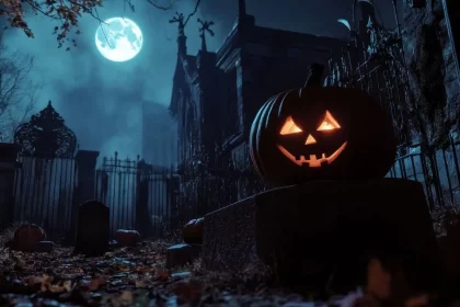 Imagem gerada por IA, mostra uma cena noturna, lua cheia e uma abóbora de Halloween