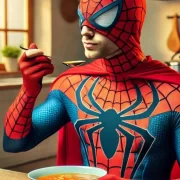 Imagem do homem aranha tomando sopa. O autor fala de seus heróis da infância em meio a falta de luz em são paulo