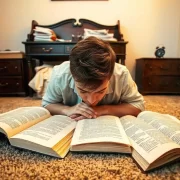 Foto de um jovem deitado de bruços com vários livros à frente. Autor fala de leitores