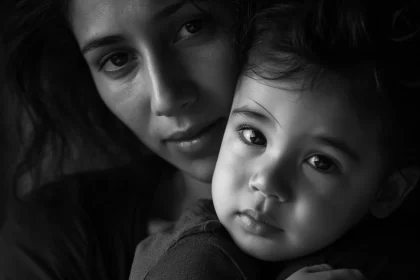 Foto de uma mãe com um filho pequeno, gerada por IA. Em geral é a mulher que tem que correr atrás da pensão alimentícia