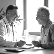 Foto com médico e paceintes sorrindo, com esperança, o primeiro entrega um receituário ao segundo