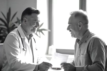 Foto com médico e paceintes sorrindo, com esperança, o primeiro entrega um receituário ao segundo