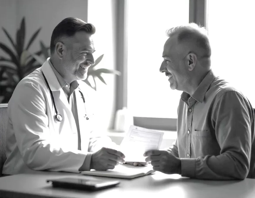 Foto com médico e paceintes sorrindo, com esperança, o primeiro entrega um receituário ao segundo