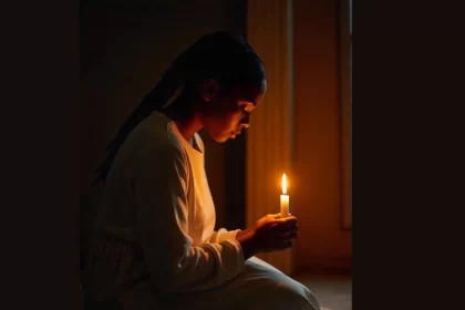 Foto de uma mulher negra no escuro, de joelhos, segurando uma vela acessa na mão. Amiga