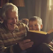 Foto de um vô com o seu neto, sentados, lendo um livro e dando risadas