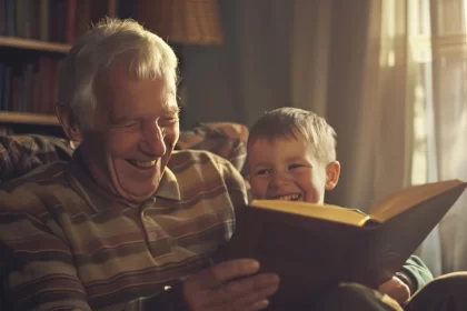 Foto de um vô com o seu neto, sentados, lendo um livro e dando risadas