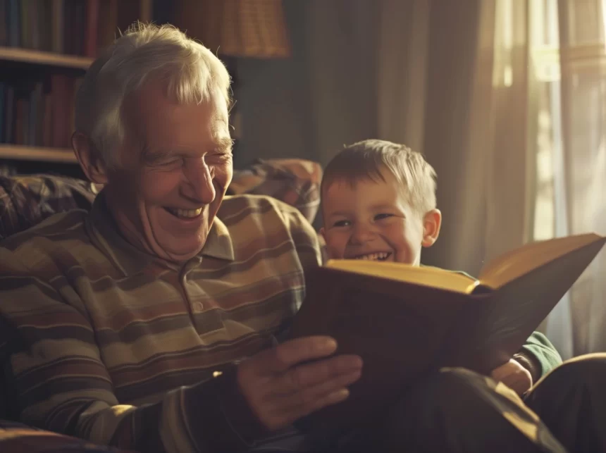 Foto de um vô com o seu neto, sentados, lendo um livro e dando risadas