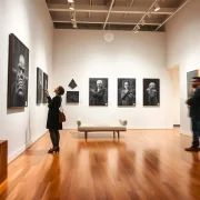 Foto interior de galeria de arte, com a instalação de um artista.