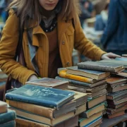 Foto de uma mulher em frente a uma banca de livro