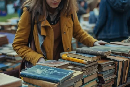 Foto de uma mulher em frente a uma banca de livro