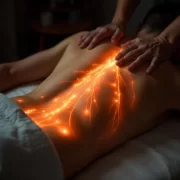 Foto de um homem de bruços, fazendo massagem, com pontos luminosos no corpo. Todos músculos podem ter relação ao bruxismo