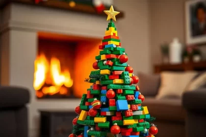 Gerada por IA, mostra uma árvore de natal feita de lego. Autora do final do ano.