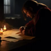 Foto de um homem escrevendo a luz de velas. Escrever poesia é o paradoxo maior