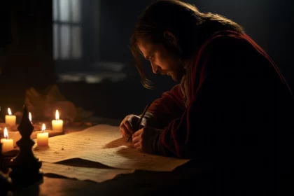 Foto de um homem escrevendo a luz de velas. Escrever poesia é o paradoxo maior