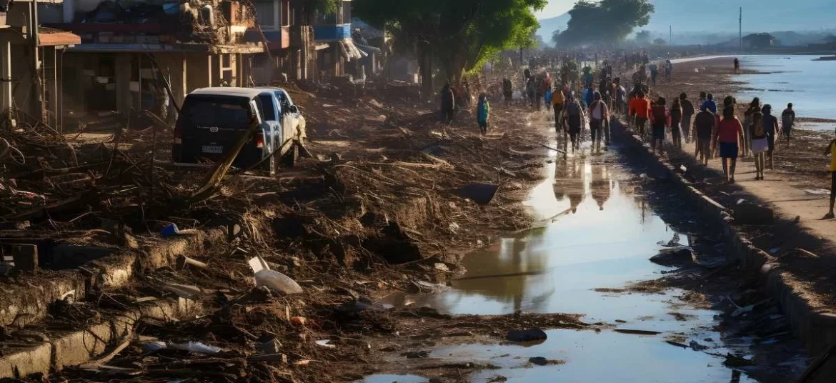 Foto da costa de uma cidade devastada por um temporal, temos a fantasia de que nada muda