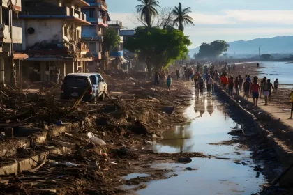 Foto da costa de uma cidade devastada por um temporal, temos a fantasia de que nada muda